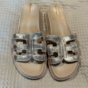 Sam Edelman Valeri Gold Logo Slide Sandals - Women's Metallic Comfort Slides 8